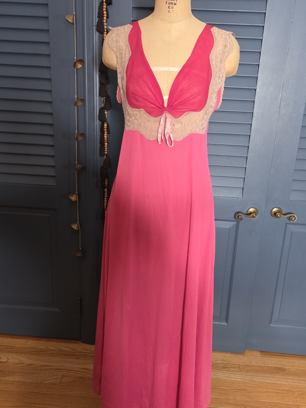 Vintage Hot Pink Nightgown with Cream Lace Trim